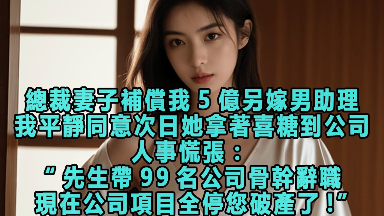 總裁妻子補償我5億另嫁男助理，我平靜同意次日她拿著喜糖到公司，人事慌張：先生帶99名公司骨幹辭職，現在公司項目全停您破產了！”#出軌小說 #愛情故事 #白月光 #幸福人生