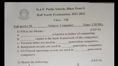 DAV class 7 half yearly exam computer question paper