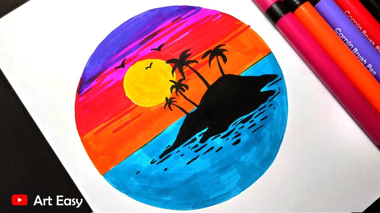 Colorful Sunset Drawing with Brush Pen || Very Easy - YouTube