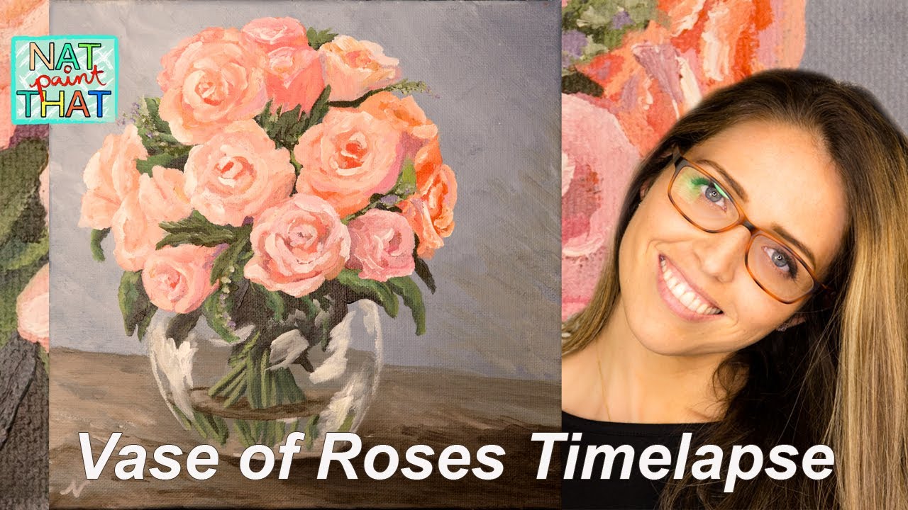 Pink Roses in a Glass Vase Acrylic Painting - YouTube