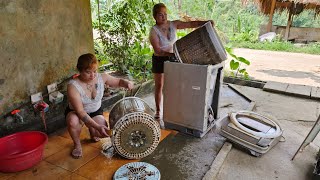 Talented girl helps people remove, maintain, clean washing machine drum and change motorbike tires
