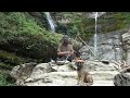 bushcraft trip: at the waterfalls with puppy, cooking quinoa with chicken on an open fire, etc.