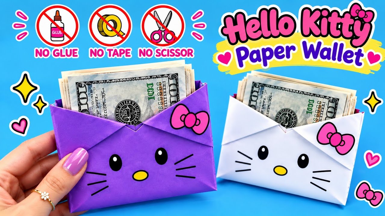 DIY Hello Kitty Paper Wallet 💖 | Cute Origami Craft | No Glue No