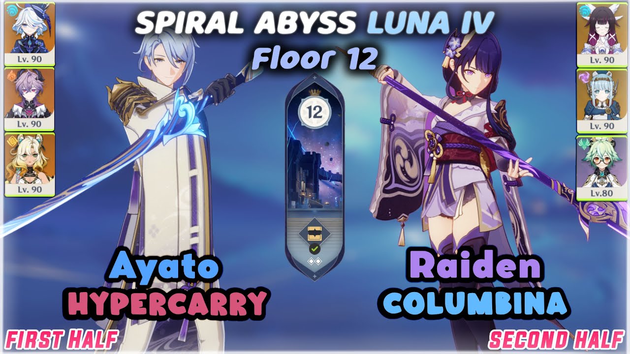 C0 Ayato Hypercarry & C0 Raiden Columbina / Luna IV Spiral Abyss (Floor 12) 9 Stars / Genshin Impact