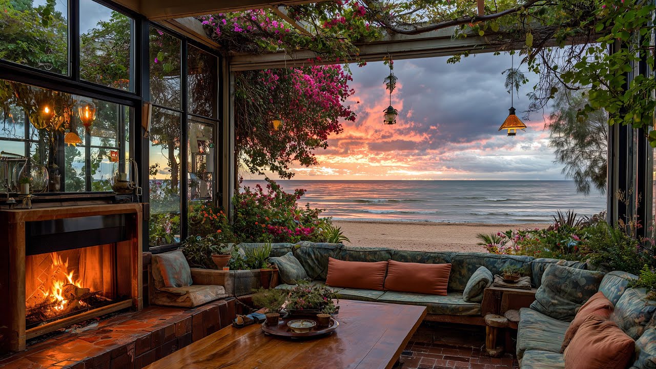 Seaside  Spring Garden Cabin at Sunset 🌅 Cozy Fireplace, Ocean Waves for Deep Sleep