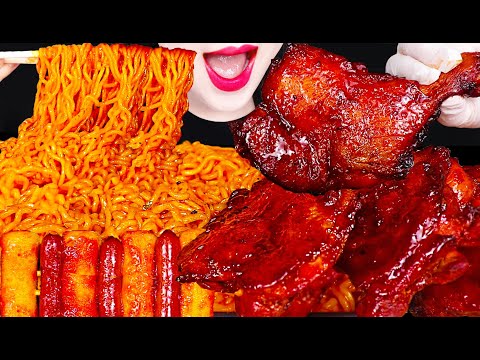ASMR Spicy Noodles, <strong>Jerk</strong> Chicken 보들보들 치즈볶음면 자메이카 통다리 치킨 먹방 Mukbang, Eating