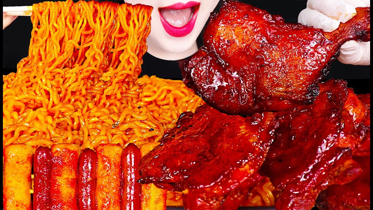 ASMR Spicy Noodles, Jerk Chicken 보들보들 치즈볶음면 자메이카 통다리 치킨 먹방 Mukbang, Eating
