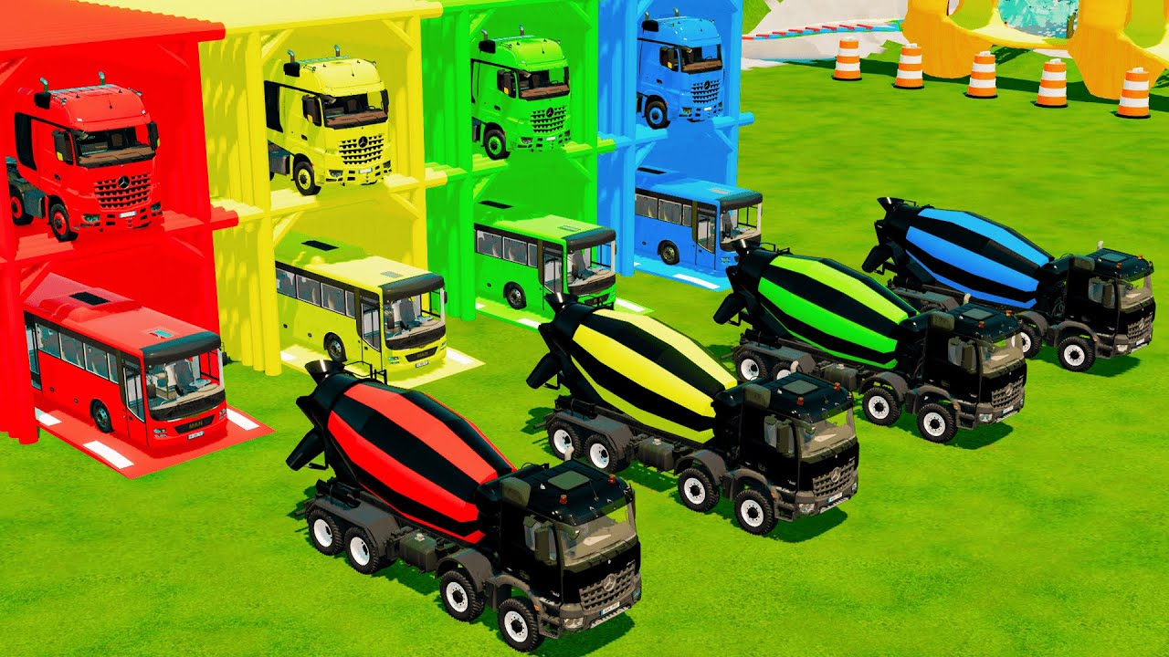 Garage with Colors - ALL MIXER TRUCK WITH DOUBLE FLATBED TRAILER TRUCK, MERCEDES, SCANIA, PETERBILT