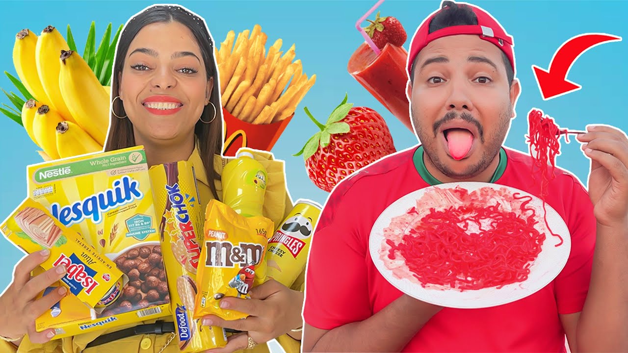 تحدي الأكل بلون واحد فقط ليوم كامل !!! 😱 فطور  باللون الأحمر والاصفر❤️