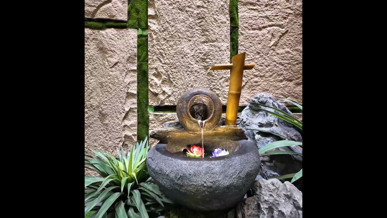 Serene Bamboo-Inspired Water Fountain with Floating LED Lotus Lights