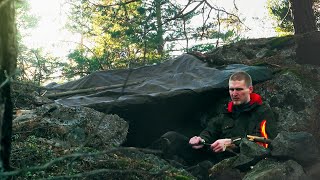 Solo Overnight Camping in Mountain Crevice | Bushcraft Survival Shelter, Fatwood, Cooking, Relaxing.