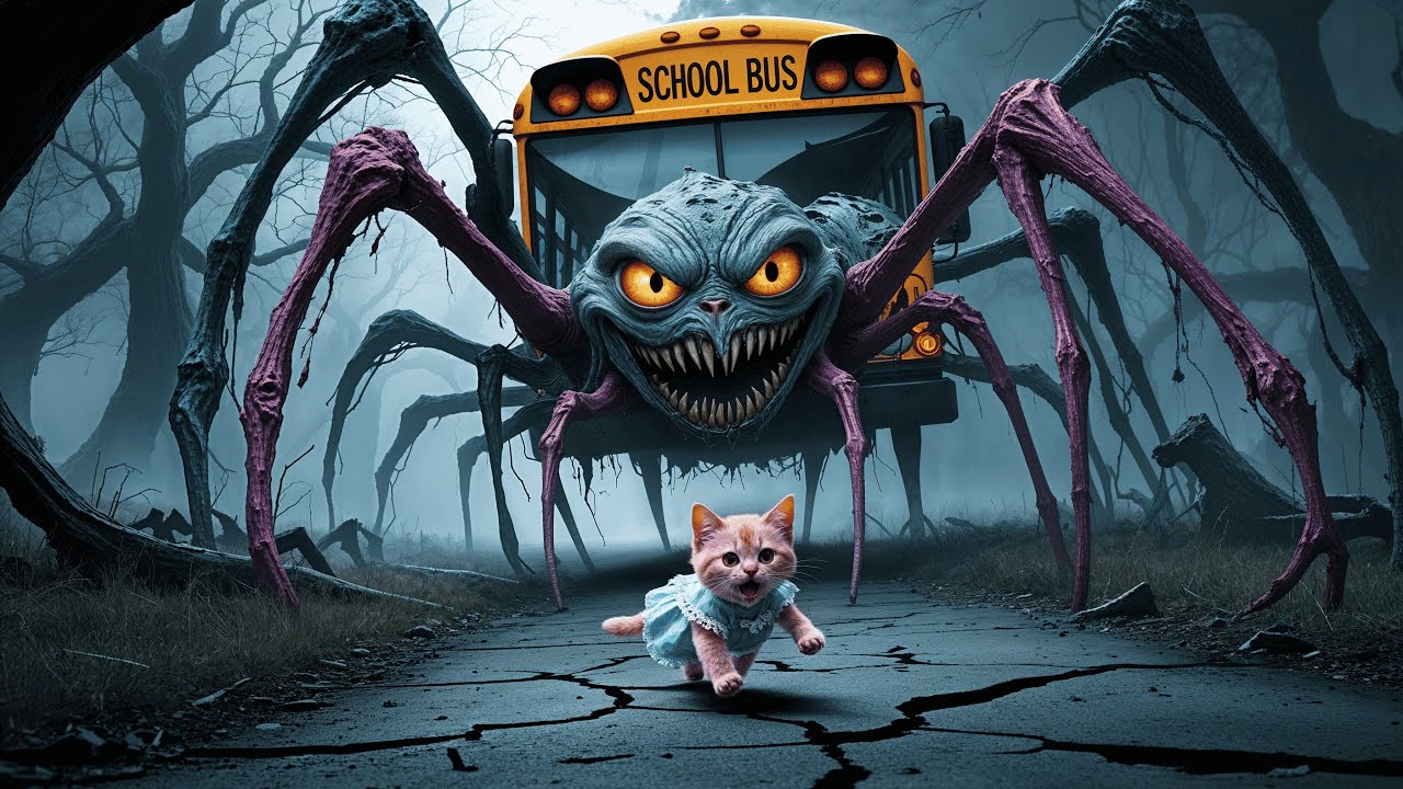 😱🚌OMG! The kitten was attacked by the giant Mutant Spider Bus Monster ...