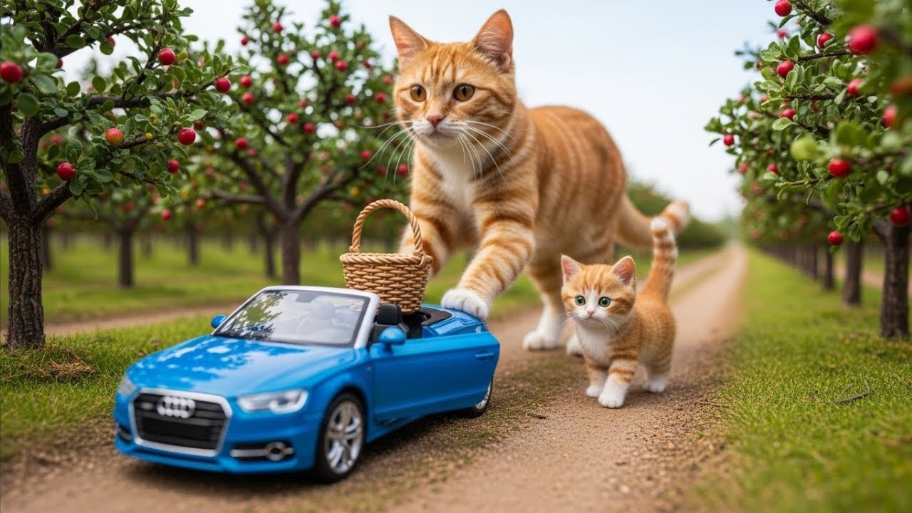 Mama Cat & Baby Cat Push a Tiny Blue Car Through an Orchard 🌳🐱  Miniature Cinematic Story