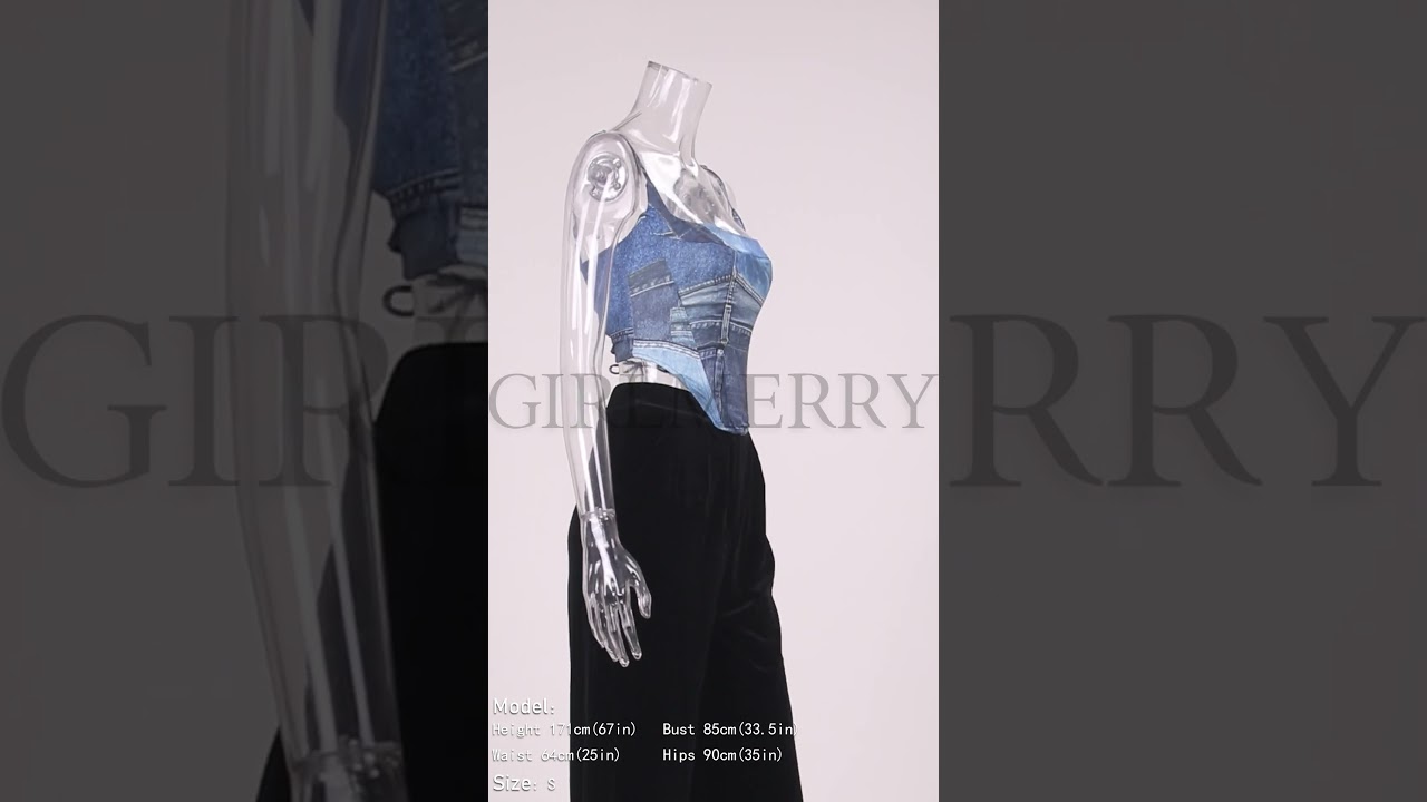 GIRLMERRY Sexy slight stretch denim print tight lace-up backless crop vest size run small EA015759