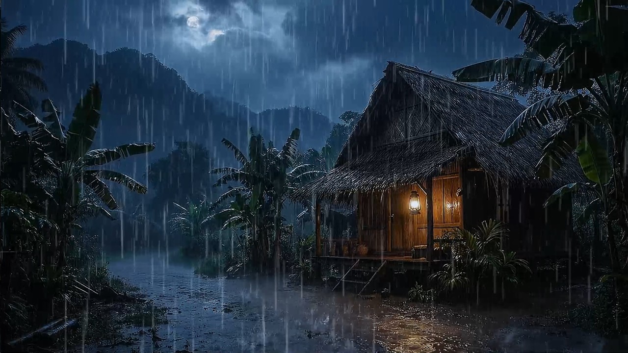 Relaxing Rain Sounds on Thatched Roof: Cozy Night in the Jungle (ASMR)