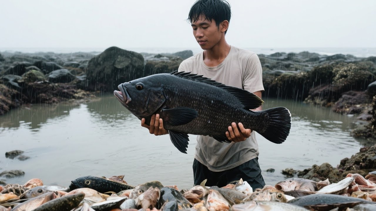 40斤红甘鱼打窝乱石坑，抽干后发现大惊喜，海螺比脸还大太刺激【阿甘阿甘大海抽干】