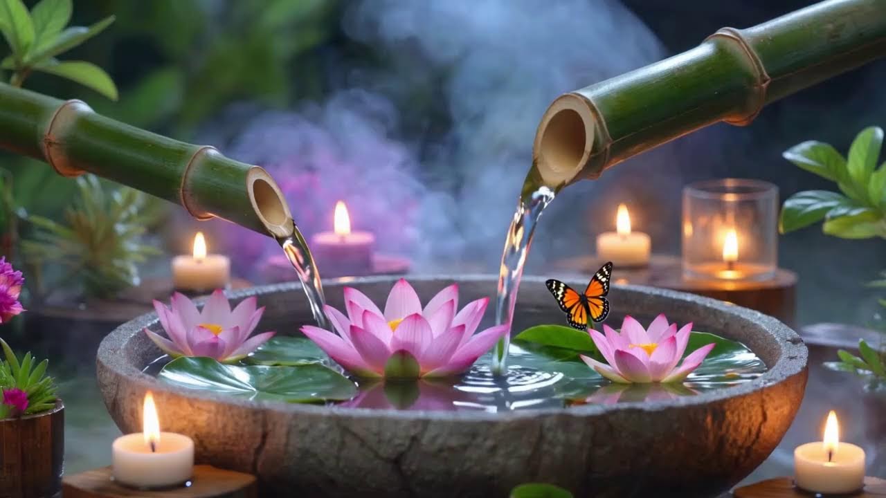 Calm Bamboo Water Fountain with Piano Music for Peaceful Sleep