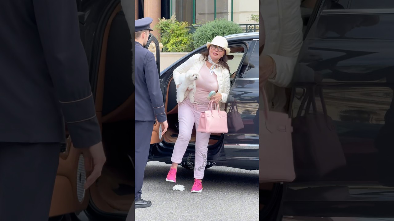 Billionaire Jet Set Madame arriving Hotel Paris with puppy 