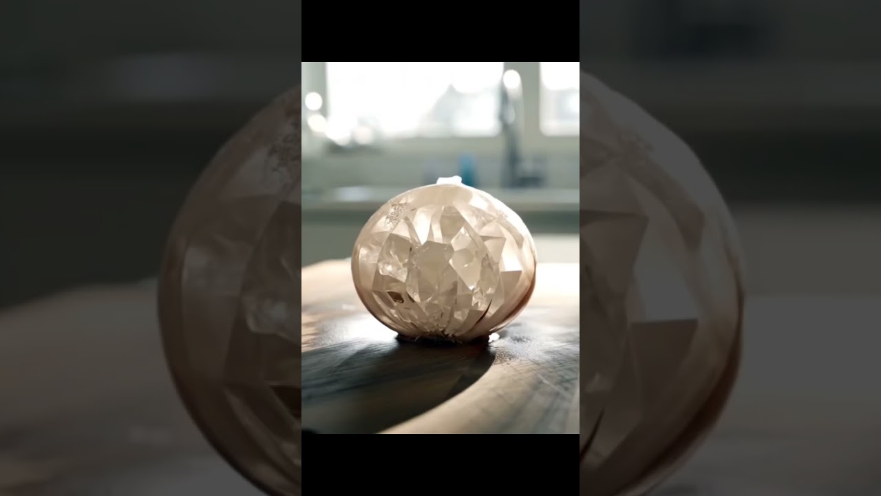 Watch as a glass crystal onion—gets sliced by a sharp blade. 