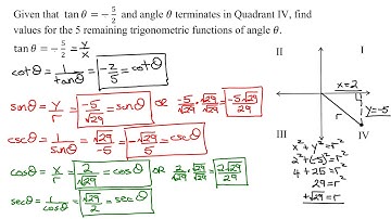 Find Trig Function Values Given the Tangent Value and Quadrant of Angle