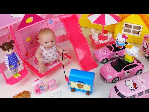 Baby doll tent house and Hello Kitty car toys picnic play 아기인형 콩순이 텐트 하우스와 헬로키티 자동차 장난감 피크닉 놀이 - 토이몽