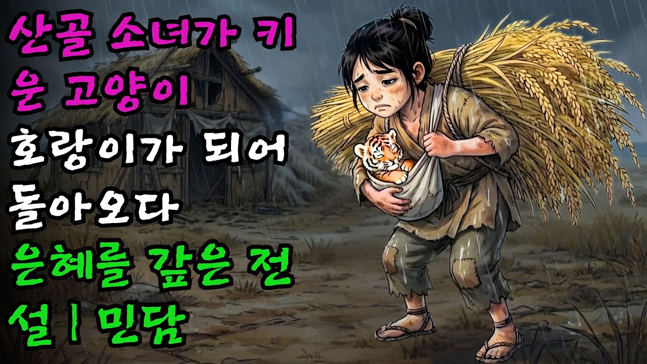 산골 오두막에 사는 소녀가 빗속에 떨고 있는 고양이를 주워다 키웠는데 자고 나면 몸집이 커지더니 훗날 호랑이가 되어 은혜를 갚은 전설 | 민담설화
