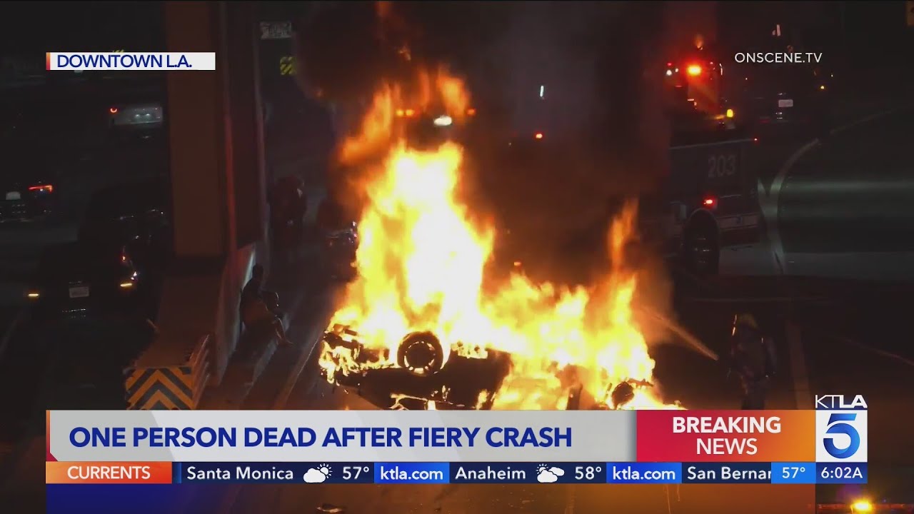 Fiery multi-car crash leaves person dead in downtown Los Angeles - YouTube