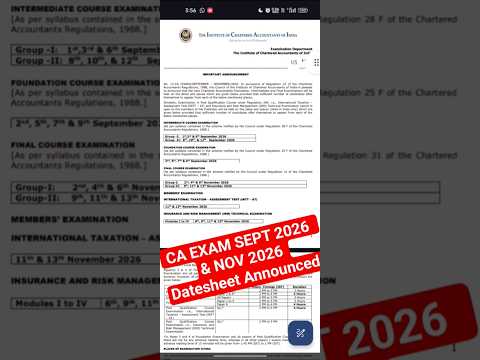 CA Exam Datesheet Announced Sept 2026 , November 2026 #icai #cawallah #cainter #cafoundation