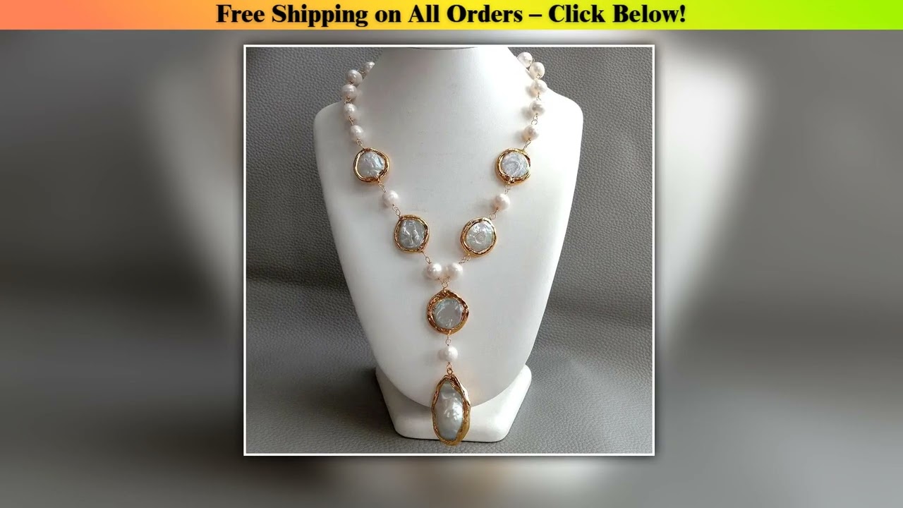 KKGEM 22x24mm natural White Round Coin Freshwater With Gold Filled Wrap Necklace Wholesale Best