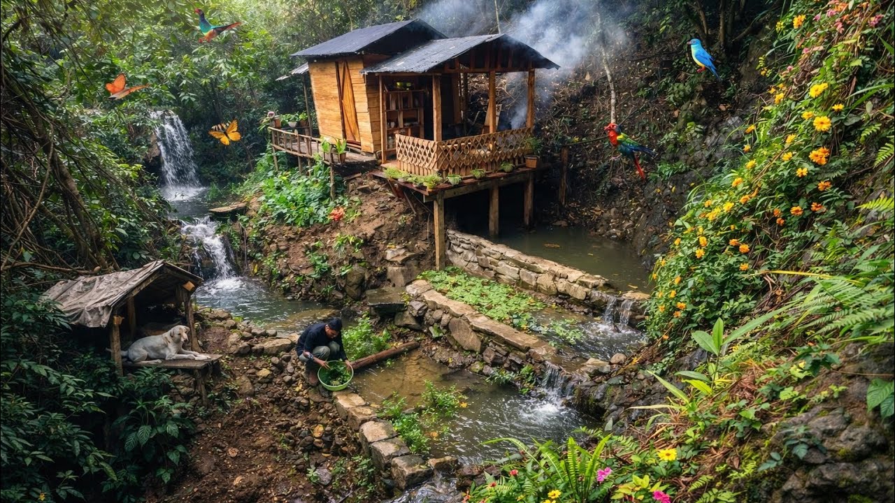 400 дней ухода за прудами с рыбой и овощами, сбора урожая и приготовления пищи под дождем