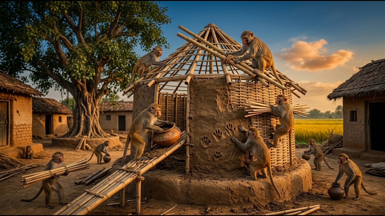 Unbelievable! Indian Monkeys Construct an Ancient Style Bamboo Granary (4K)