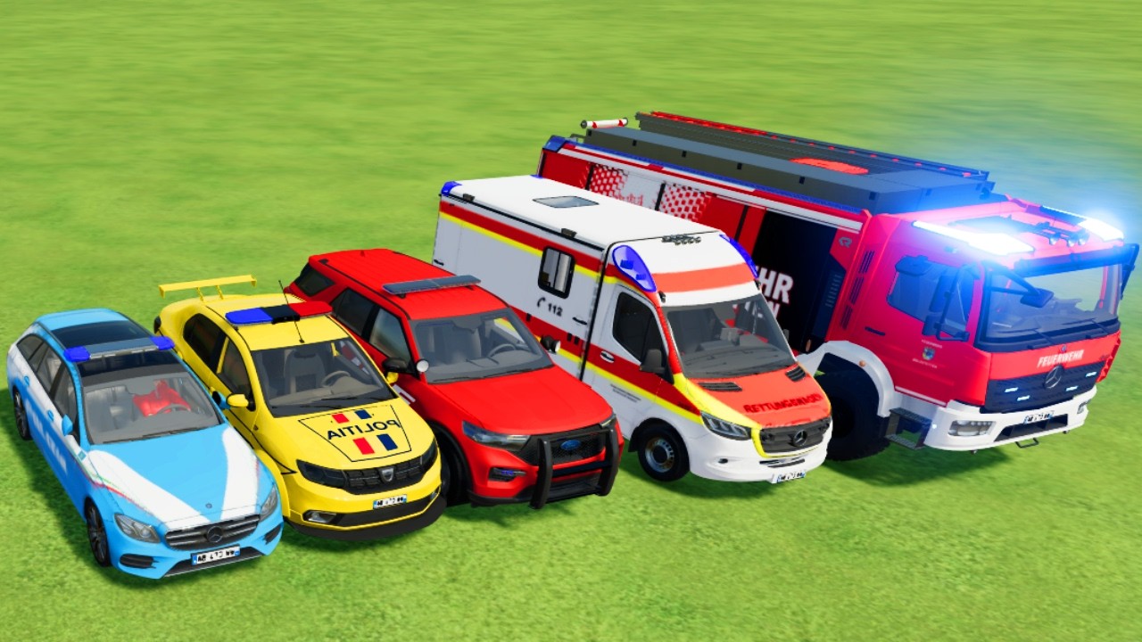 TRANSPORTING POLICE CARS, AMBULANCE, FIRE TRUCK, COLORFUL CARS WITH TRAIN -FARMING SIMULATOR 22!