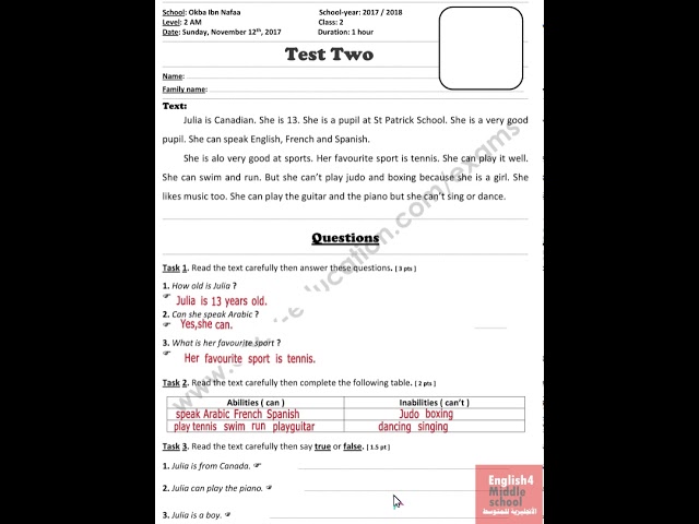 حل فرض في اللغة الإنجليزية لتلاميذ السنة الثانية متوسط