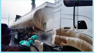 Truck detailing: HARDEST filthy truck tanker detailing ever! How to wash with 300psi pressure water?