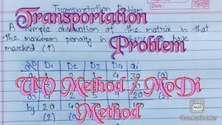 Transportation Problem: UV method/MoDi method  with Example (Hindi) [Lecture 11]