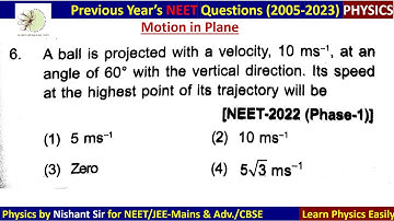 A ball is projected with velociity 10 m/s at an angle of 60 with the vertical direction.  #neet2022
