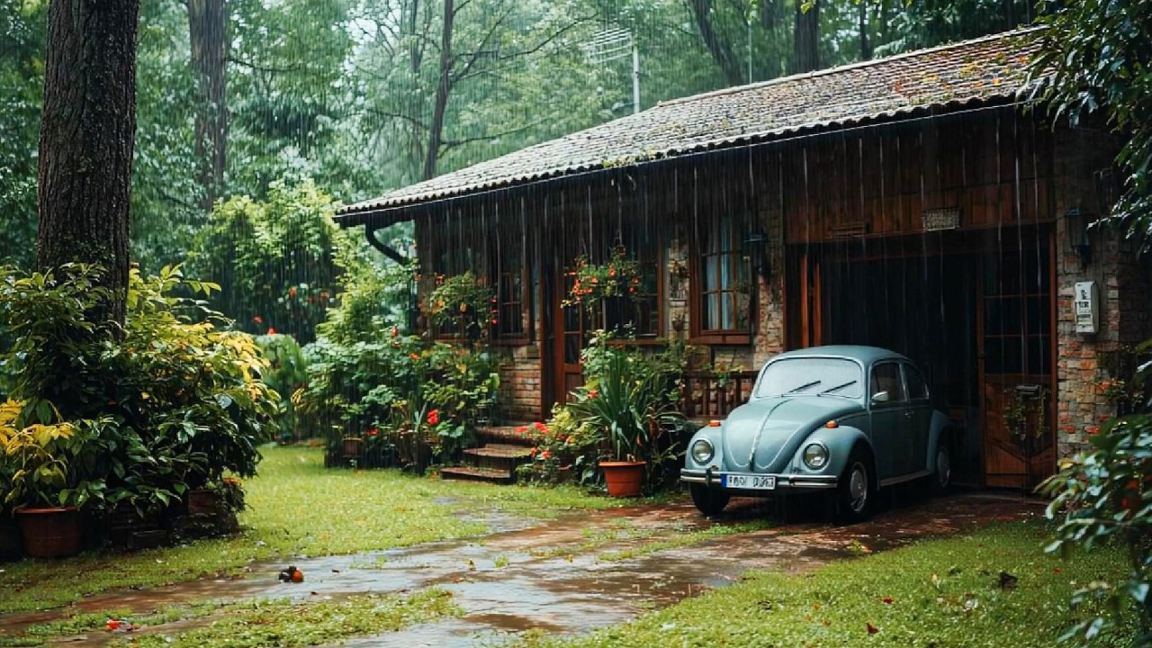 🏡🌧️ Cozy Forest House & Vintage Car Rain | Heavy Rain & White Noise for Deep Sleep