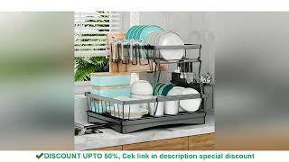 Large 2-tier dish drying rack for kitchen countertops, removable large-capacity dish draining rack