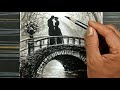 Pencil drawing scenery of couple with the bridge misty memories.