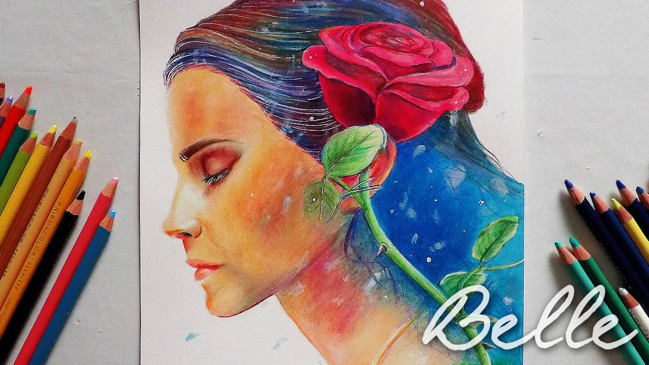 Beauty And The Beast Drawing Belle Emma Watson Colored Pencils Painting Process Youtube