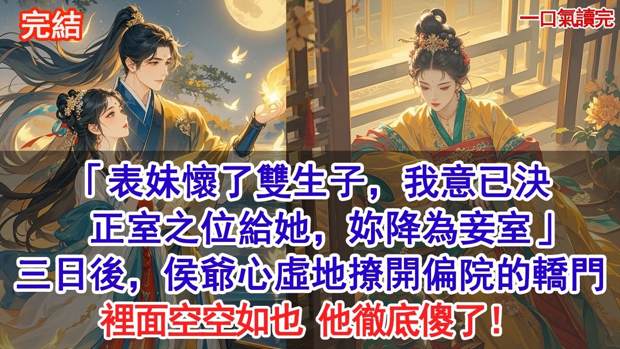 「表妹懷了雙生子，我意已決正室之位給她，妳降為妾室」三日後，侯爺心虛地撩開偏院的轎門，裡面空空如也，他徹底傻了#古風#追妻火葬場#愛情#小說