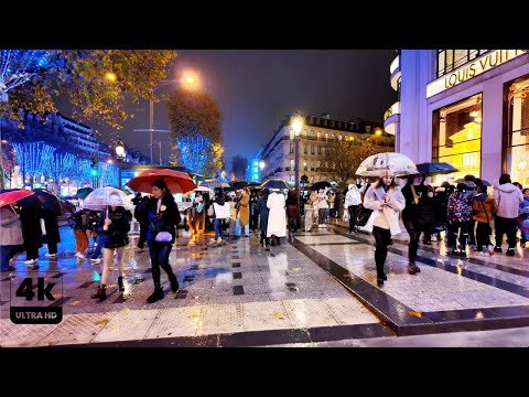4K Walking in the Rain at Night ☔️⎜Paris France⎜Champs-Élysées - The Most Beautiful Avenue in Paris