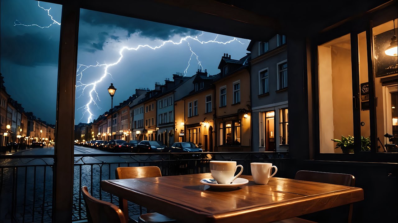 European Street Lined With Quaint Cafes With Powerful Lightning