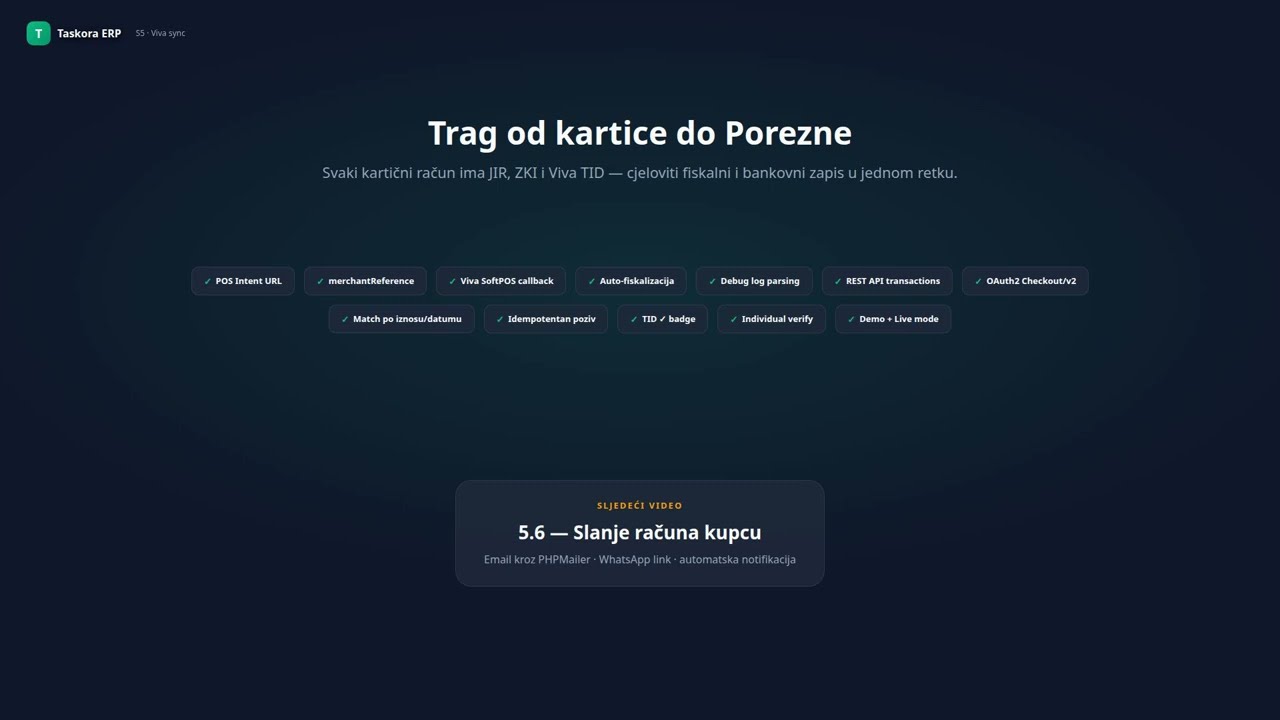 Video 5 5 — Viva Wallet sinkronizacija: TID, OAuth2, REST API, auto match | Taskora ERP