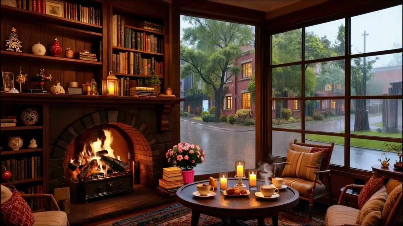Cozy Rainy Coffee Shop Jazz ☕ Warm Fireplace & Relaxing Piano Jazz