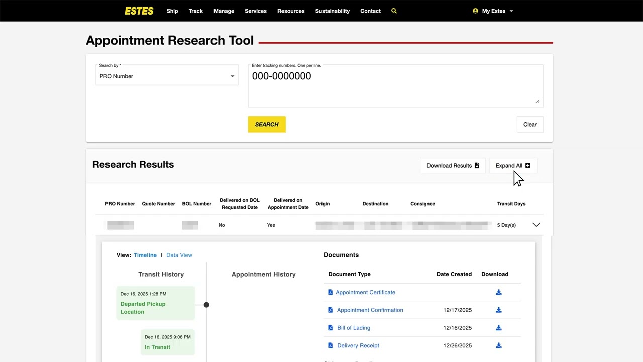 How to Use Estes’ Appointment Research Tool | View LTL Shipping Records
