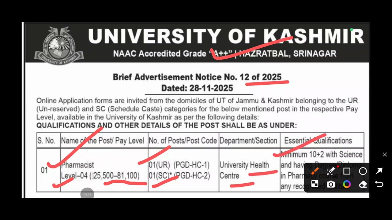 University Of Kashmir // Non-Teaching Jobs // Notice: 11 & 12 of 2025