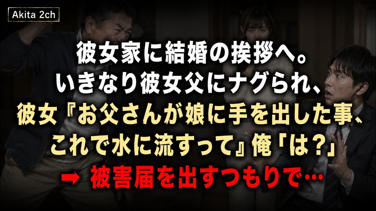 結婚の挨拶で彼女父に殴られた。彼女『これで過去のことは水に流して』俺「警察行くわ」
