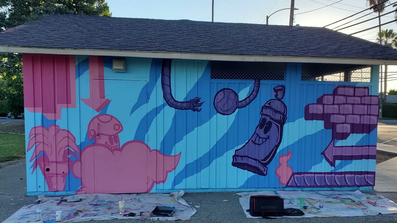 'Mystical Machines' mural at Ralph Welch Park by Grey Matter, Pomona, CA, 2023 - timelapse