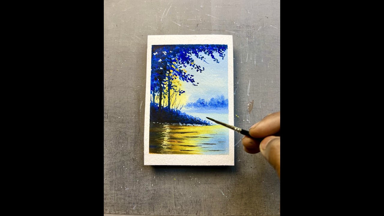 Blue Night & Golden Water Reflection Painting | Step by Step